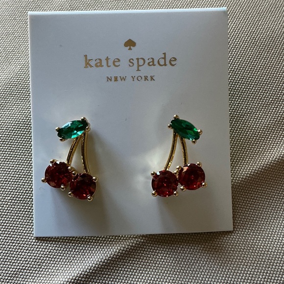 kate spade Gold Tone Cherry Crystal Stud Earrings - Red, Green & Gold - Picture 2 of 2